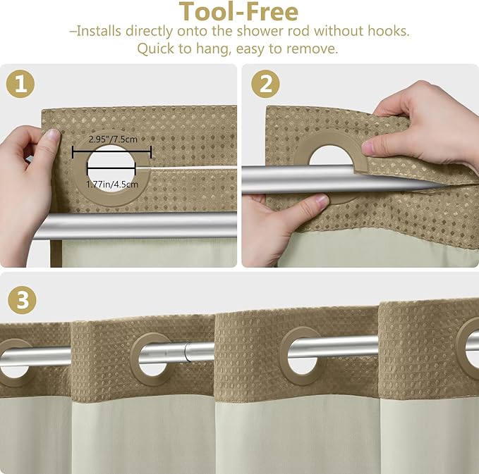 VANZAVANZU Hookless Shower Curtain with Mesh Top and Snap in Waterproof Liner, Waffle Weave, Weighted Magnets Hem, Machine Washable, 72 x 75 Inches – (Khaki)