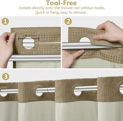 VANZAVANZU Hookless Shower Curtain with Mesh Top and Snap in Waterproof Liner, Waffle Weave, Weighted Magnets Hem, Machine Washable, 72 x 75 Inches – (Khaki)