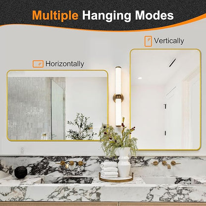 Delma Bathroom Mirror, Sleek Wall Mirror for Over Sink, Tempered Glass, Anti-Rust, Hangs Horizontally or Vertically for Bathrooms, Bedrooms & Entryways(40x28, Gold)