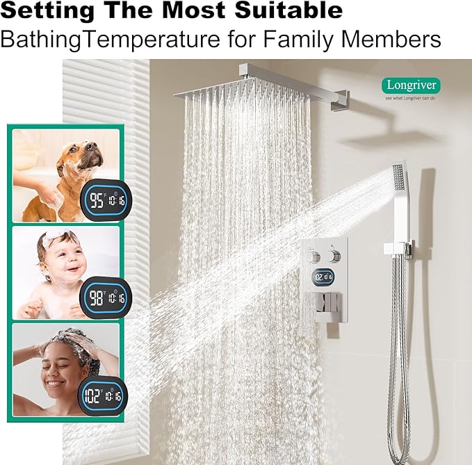 Push Button Diverter Shower Faucet Set Hydro Power Temperature Display, Shower System 10 Inch Shower Head with Handheld Spray, Wall Mounted Shower Fixtures with Valve and Trim Kit, Polished Chrome