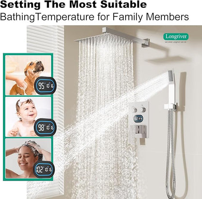 Push Button Diverter Shower Faucet Set Hydro Power Temperature Display, Shower System 12 Inch Shower Head with Handheld Spray, Wall Mounted Shower Fixtures with Valve and Trim Kit, Polished Chrome