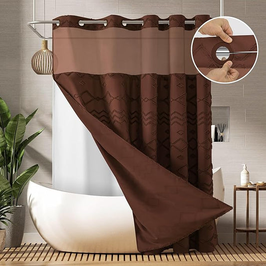 No Hooks Required Boho Farmhouse Shower Curtain Tufted Chevron Striped with Snap in Liner - 72W x 80H, Water Resistant Hotel Grade Spa Like Bathroom Curtain Set, Brown