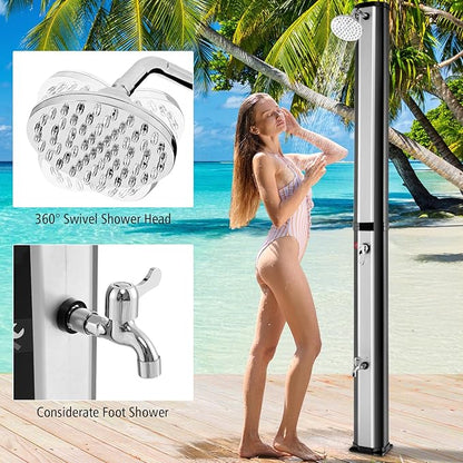 Goplus 9.3 Gallon Solar Heated Outdoor Shower, 7.2 FT Freestanding Garden Shower with 360° Swivel Shower Head, Foot Shower & Temperature Adjustment, for Poolside Backyard Beach (Silver)