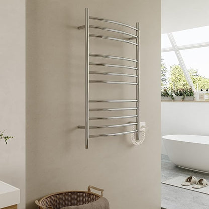 HEATGENE Electric Towel Warmer with Built-in Timer & Temperature Control, Wall-Mounted 12-Bar Large Towel Rack, Plug-in/Hardwired Heated Towel Rail for Bathroom - Mirror Polish