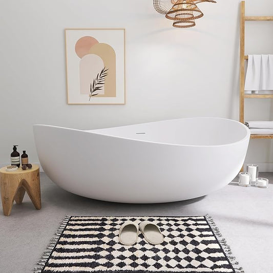 SJ STAR&JANE 71" Solid Surface Freestanding Bathtub, Oval Soaking Stone Resin Tub Couple Tub with Overflow and Pop-up Drain for Modern Bathrooms