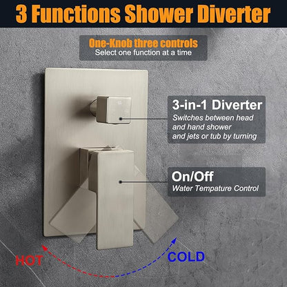 Enga Rain Shower System with Body Jets, 12" Ceiling Rain Shower, All Metal Multiple Shower Head System, Contain Rough-in Shower Valve, Brushed Nickel