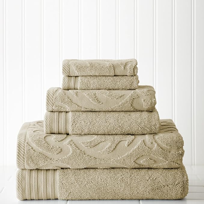 Modern Threads 6 Piece Jacquard/Solid Towel Set-Medallion Swirl Taupe