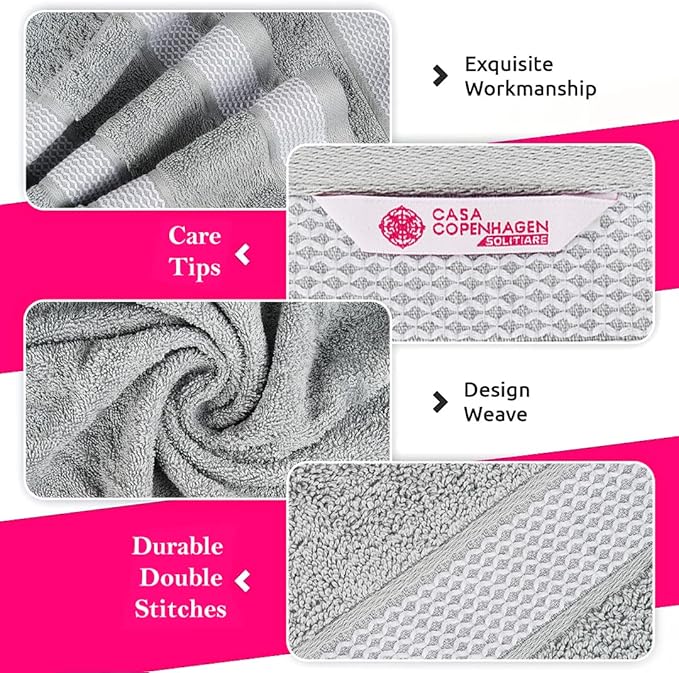 CASA COPENHAGEN Solitaire Mix 6 Pieces Towel Set- Grey Violet + Pink, 600 GSM 2Bath Towel 2Hand Towel 2Washcloth, Designed in Denmark Made of Soft Egyptian Cotton for Bathroom, Kitchen & Shower