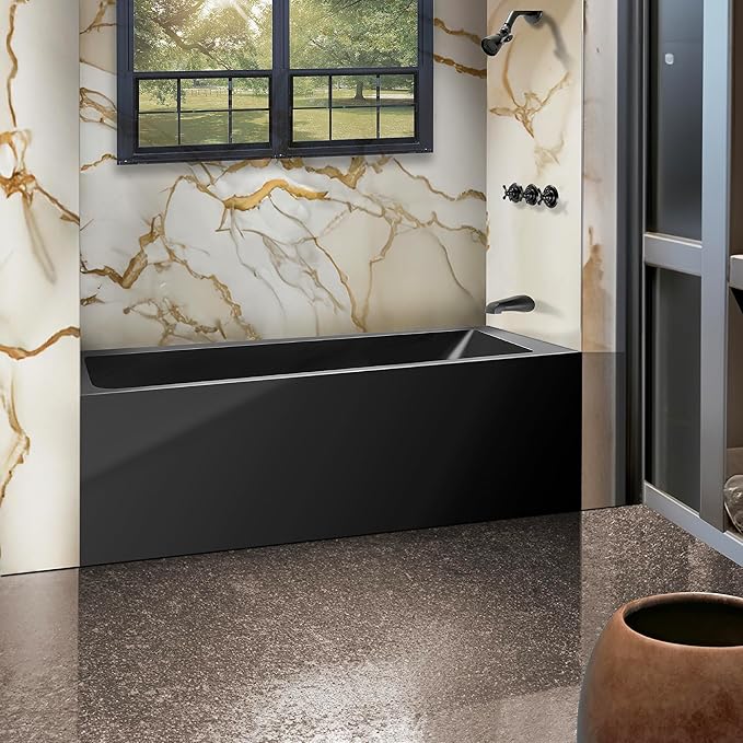 Fine Fixtures Acrylic, Fiberglass Alcove Soaking Bathtub with Integral Apron Front - Drain Included (48" x 32", Right Hand, Black)