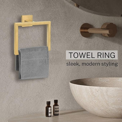 2-Piece Brushed Gold Towel Ring,Square Hand Towel Holder,Stainless Steel Modern Towel Holder Wall-Mounted Bathroom Towel Ring Towel Rack