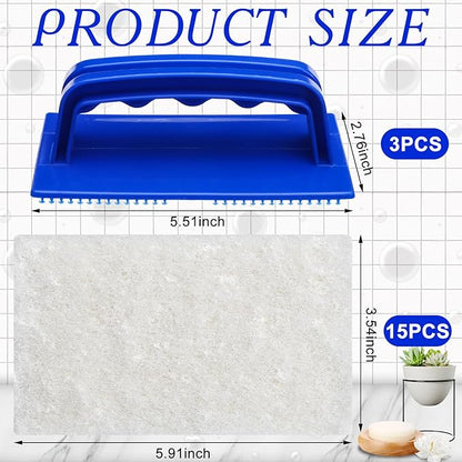 Maxdot 18 Pcs Handled Bath Scrubber Set, 15 Bathroom Scouring Pad 3 Bathtub Scrubber with Handle Non Scratch Soap Scum Remover for Cleaning Sink Shower Tile Swimming Pool Step Corner(Blue and White)
