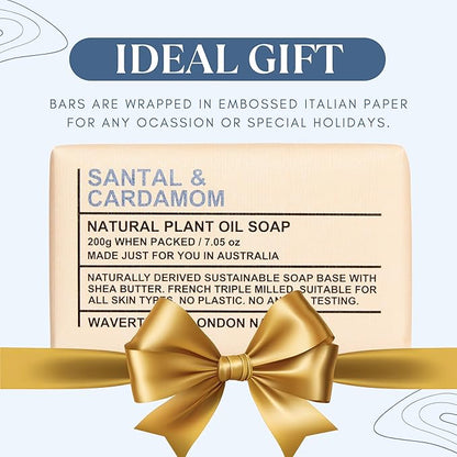 Wavertree & London Santal & Cardamon Scented Natural Soap Bars (2 Bars), 7oz Moisturizing French Triple Milled Soap enriched with shea butter - Plant Oil Bath & Body Soap Bars [100% Naturally derived]
