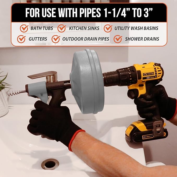 DrainX SPINFEED 50 Foot Drum Auger | Use Manually or Drill Powered - Auto Extend and Retract Plumbing Snake | Work Gloves and Storage Bag Included