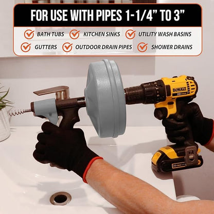 DrainX SPINFEED 50 Foot Drum Auger | Use Manually or Drill Powered - Auto Extend and Retract Plumbing Snake | Work Gloves and Storage Bag Included