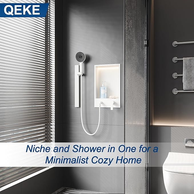Shower Niche with Round Hand Shower, Sliding Bar and LED Light in Matte White/Vertical