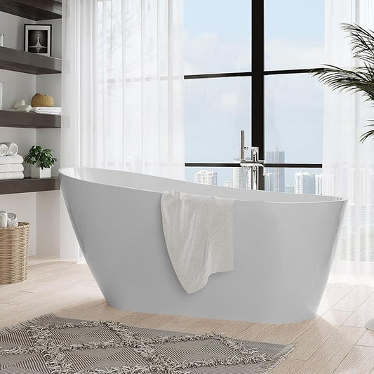 59 in Acrylic Freestanding Bathtub, Contemporary Stand Alone Tub,Glossy White Soaking Tub, with Chrome Overflow and Drain, CUPC Certified
