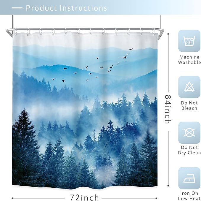 Riyidecor Navy Blue Mountain Shower Curtain 72Wx84H Inch Extra Long Woodland Scenery Park Scene View Natural Foggy Pine Tree Alpine Cool Men Bathroom Decor Fabric Polyester Waterproof 12 Pack Hooks