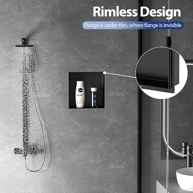 Stainless Steel Shower Niche 12" X 12", No Tile Needed Wall Niche Shower, Recessed Shower Shelf for Bathroom Storage, Matte Black