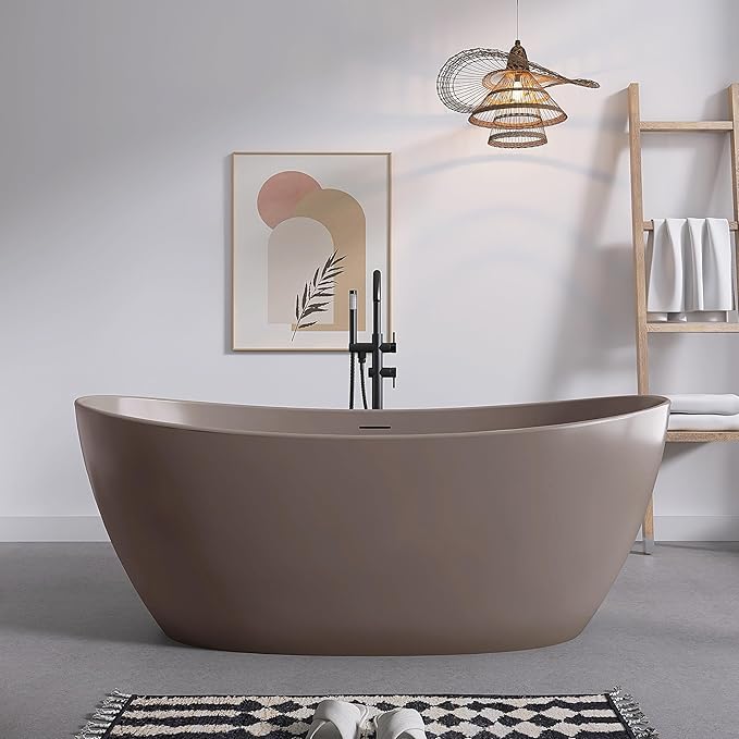 SJ STAR&JANE 65" Solid Surface Freestanding Bathtub Stone Resin Soaking Tub Gray Coffee Double Slippers Stand Alone Oval Tub with Pop-up Drain and Overflow for Bathroom