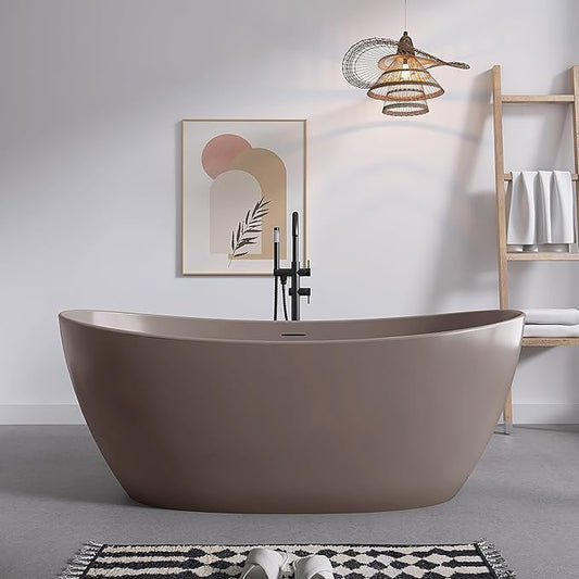SJ STAR&JANE 65" Solid Surface Freestanding Bathtub Stone Resin Soaking Tub Gray Coffee Double Slippers Stand Alone Oval Tub with Pop-up Drain and Overflow for Bathroom