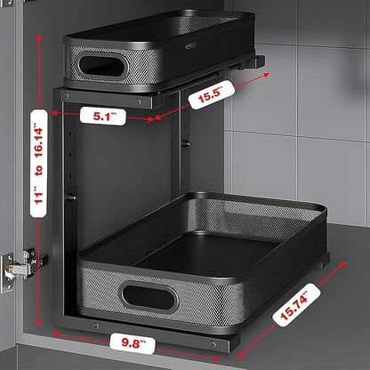 2 Pack Under Sink Organizer, Dual-Layer Pull Out Mesh Cabinet Rack with 5-Level Height Adjustment, Rust-Resistant Sliding Storage for Bathroom & Kitchen, Multi-Purpose 2-Tier Shelf(Black)