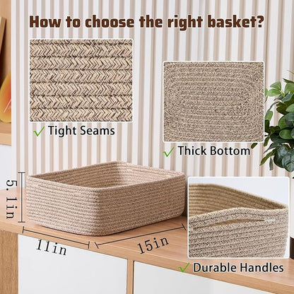 Large Shallow Organizing Baskets 15x11x5.1 Inches - Rope Woven Storage Bins for Bathroom, Shelves, Cube Closet, Mixed Brown 3 Packs
