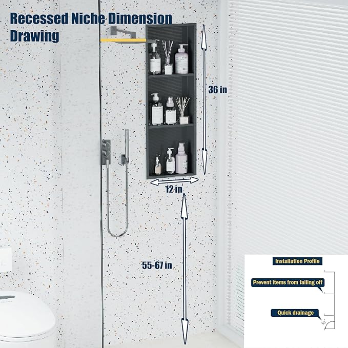 Black Stainless Steel Shower Niche 36" X 12" ，Recessed Shower Shelf for Bathroom Storage，Three-Tier Shelves， Matte Black (Black, 36 * 12 in)