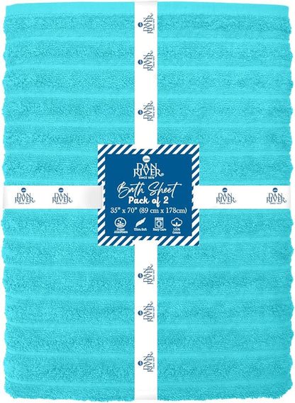 DAN RIVER Pack of 2 Bath Sheet 35x70 Inches, Ribbed Jumbo Bath Sheets for Adults, Thick and Absorbent Large Towels - Aqua