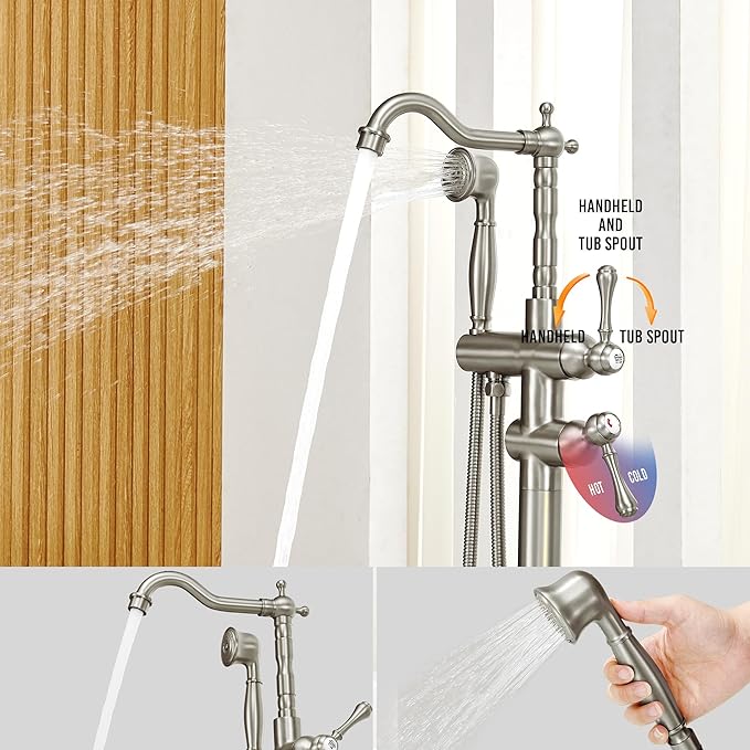 Freestanding Tub Faucet Sets, JetsBath Floor Mount BathTub Filler with 360° Swivel Spout & Handheld Sprayer, Brushed Nickel Floor Mount Bathtub Faucet Single Handle with Supply Hose