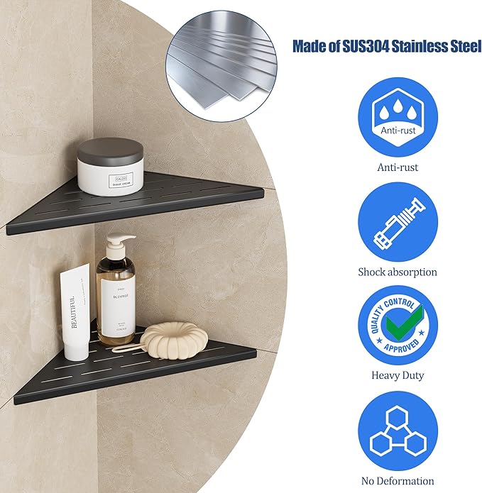 Neodrain 10 in Matte Black Corner Wall Shelf Set of 2, Floating Corner Shelves for Wall, 304 Stainless Steel Shower Storage Shelves for Bathroom, No Drilling