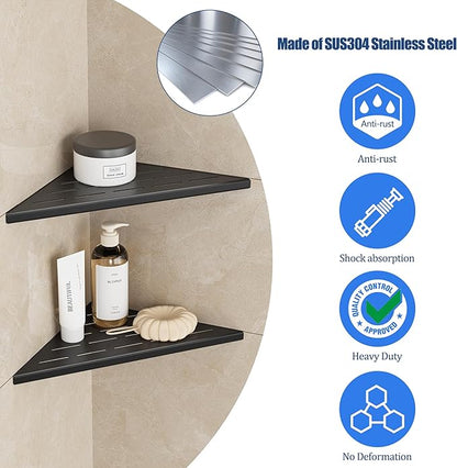 Neodrain 10 in Matte Black Corner Wall Shelf Set of 2, Floating Corner Shelves for Wall, 304 Stainless Steel Shower Storage Shelves for Bathroom, No Drilling