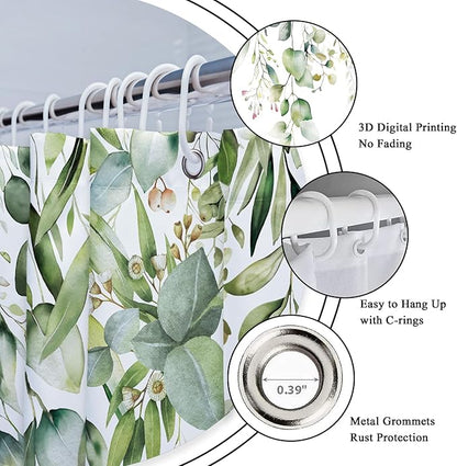 Riyidecor Extra Long Eucalyptus Leaves Shower Curtain for Bathroom Decor 72Wx96H Sage Green Botanical Plants Spring Leaf Floral Herbs Art Printed Fabric Polyester Waterproof 12 Pack Plastic