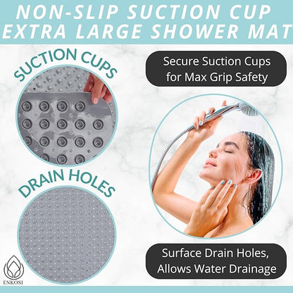 ENKOSI Extra Large Shower Mat Non Slip - 47 x 32 inch - XL Bathroom Shower Mat - Large Shower Matts for Shower Stall Floors - Secure Suction Cups and Drain Holes (47x32 Grey)