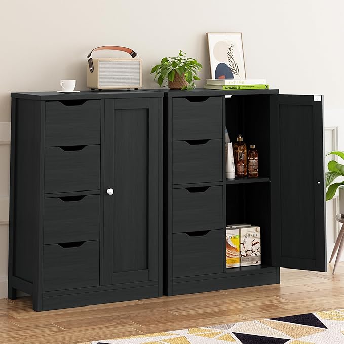 Walsunny Bathroom Floor Storage Cabinet, Wooden Storage Organizer with 4 Drawers and 1 Cupboard, Freestanding Entryway Storage Unit Console Table(Black)