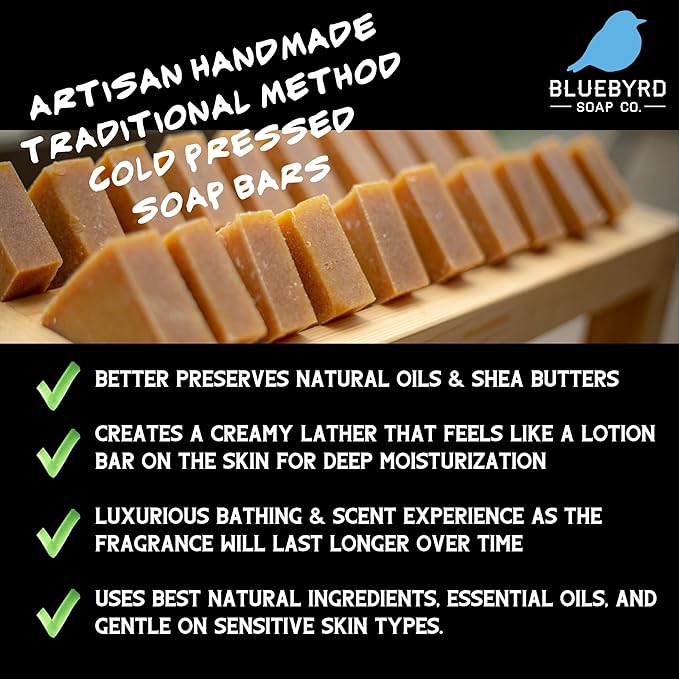 BLUEBYRD Handmade Soap Bar Gift Box - Woodsy Scent 5 Bar Variety Pack Body Soap | Shaving Soap - Homemade Soap Gift for Men & Women - Sandalwood, Patchouli, Frankincense, Orange, Cedar (Woods)