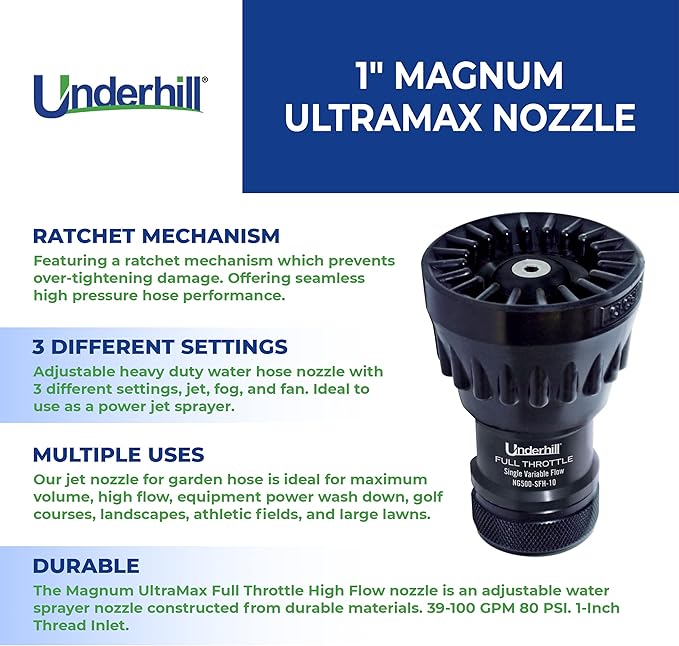 Underhill Magnum UltraMax Full Throttle High Flow Garden Water Hose Nozzle, Sprayer, 39-100 GPM 80 PSI, 1-Inch FHT, Jet, Soak, Fan, NG500-SFSH-10