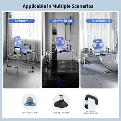 Sliding Shower Chair Swivel Tub Transfer Bench with Backrest with Non Slip Suction Cups 400lbs Weight Capacity Adjustable Height Shower Seat for Elderly Disabled Bathing Inside Shower