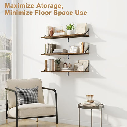 Fun Memories Floating Shelves, 32 x 8 Inches, Set of 3 Wall-Mounted Bookshelves with Metal Brackets, Decorative Storage for Home and Office (Rustic Brown)