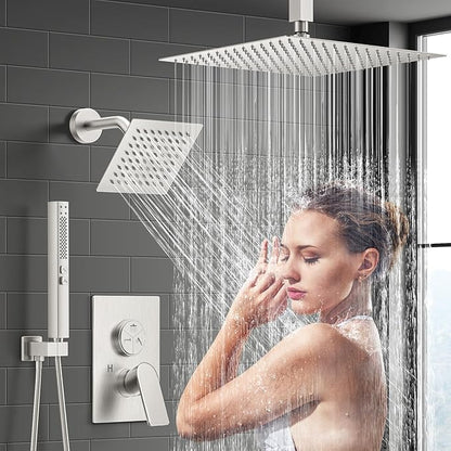 Shower Faucet Set,3-Setting Push Button Brushed Nickel Shower System, 12 Inch Ceiling Mounted Shower Head, 6 Inch Wall Mounted Rain Shower Head with 2 in 1 Handheld Spray, Shower Valve Trim Kit