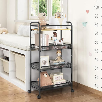 TOOLF 4-Tier Rolling Cart, Metal Utility Cart, Slide Out Storage Cart with Wooden Tabletop and Mesh Baskets, Easy Assemble Trolley for Kitchen Bathroom Laundry Room Bedroom Apartments Dormitory