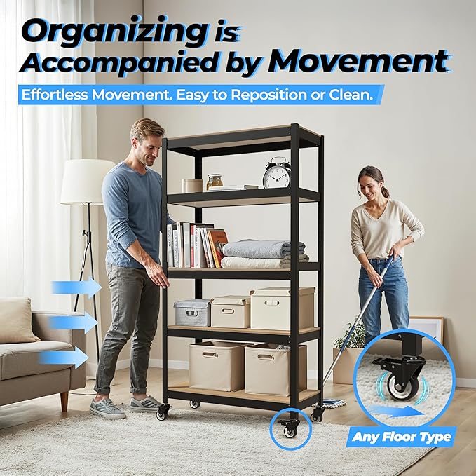 HOMEDANT House 5-Tier Metal Rolling Cart Shelf Rack Casters Heavy Duty Laminated Wheel Shelving Unit Adjustable Utility Storage Shelves Organizer Shelf Kitchen Garage (2, (M) 36.2" W, Black)