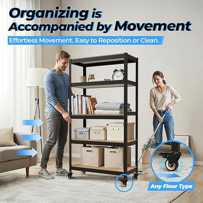 HOMEDANT House 48.1" 5-Tier Metal Rolling Cart Shelf Rack Casters Heavy Duty Laminated Wheel Shelving Unit Adjustable Utility Storage Shelves Shelf Kitchen Garage Black 1Pack
