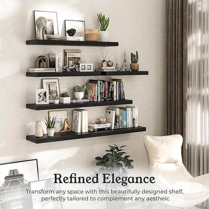 Floating Shelves for Wall, 9.3" Deep Wall Mounted Wood Shelves for Bathroom, Bedroom, Living Room, Kitchen, Hanging Shelf for Books/Storage/Room Decor (Black, 24")