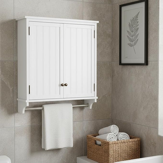Dover 27” x 29” Wall Mounted Bathroom Storage Cabinet with Shaker Beadboard Doors, Two Adjustable Shelves and a Towel Bar – White Wall Cabinet for Bathroom, Laundry, or Entryway by Alaterre Furniture