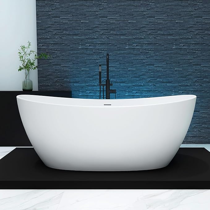 65'' Freestanding Solid Surface Resin Stone Bathtub, Freestanding Tub, Contemporary Design Stand Alone Tub with Pop-up Drain and Overflow, cUPC Certified, Matte White (Oval)…