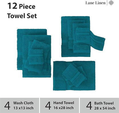 LANE LINEN Luxury Bath Towels Set - 12 Piece, 100% Cotton, Zero Twist, Super Soft & Absorbent, 4 Bath Towels, 4 Hand Towels, 4 Washcloths - Sea Port