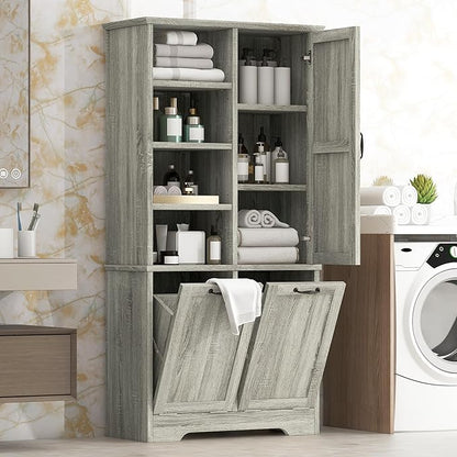 Favfurish 68" Tall Bathroom Storage Cabinet with Door and 2 Tilt-Out Laundry Hampers,Modern Linen Cabinets w/Open Shelf & Adjustable Shelves,Freestanding Organizer for Laundry Room,Kitchen,Oak