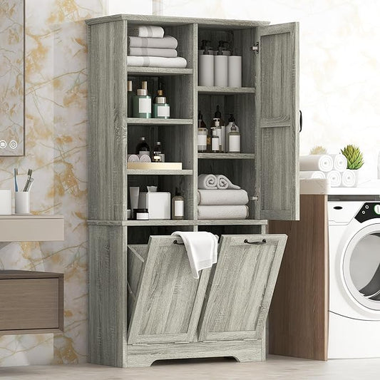 Favfurish 68" Tall Bathroom Storage Cabinet with Door and 2 Tilt-Out Laundry Hampers,Modern Linen Cabinets w/Open Shelf & Adjustable Shelves,Freestanding Organizer for Laundry Room,Kitchen,Oak