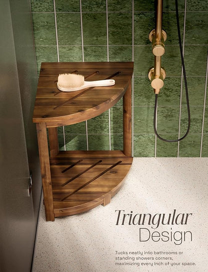 HOLANA 18" Acacia Wood Corner Shower Bench, Corner Shower Stool, Bath Stool with Lower Shelf - Wooden Shower Stool for Inside Shower - Shower Foot Rest, Shower Stands for Inside Shower (Walnut Color)