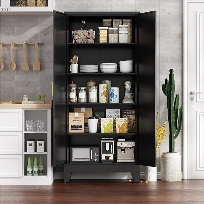 71" Metal Storage Cabinet - 5-Tier Heavy-Duty Pantry Cabinet with Adjustable Shelves & Barn Doors for Kitchen Garage, Black